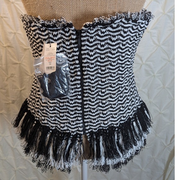 NWT White House Black Market Black White Knit Tassel Fringe Strapless Corset 10 - Picture 3 of 7